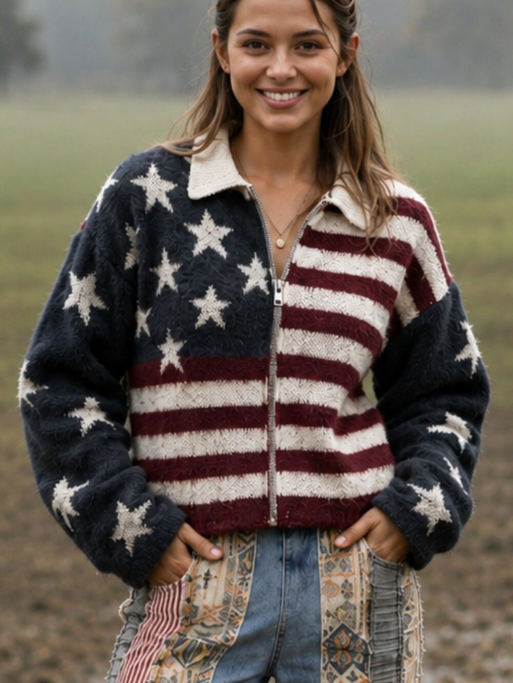 POL Fuzzy Eyelash Jacquard Knit Americana Star Stripe Comfy Boho Sweater Jacket